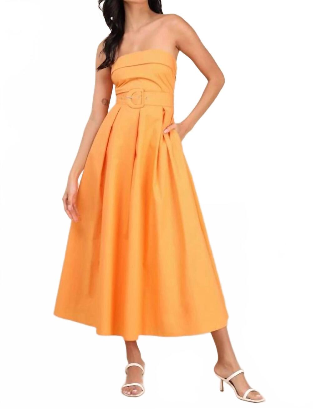 NEW LULUS trendsetting choice strapless midi dress with pockets in orange